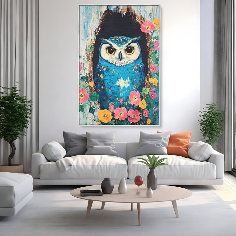 Tablou canvas cu tablou canvas cu bufnita albastra, in rama de aluminiu argintiu, pe perete intr-un living